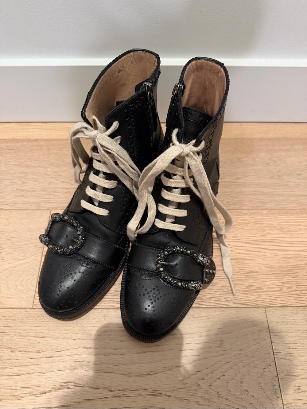 GUCCI Women's Queercore Leather Buckled Lace Up Booties in Black - 38
